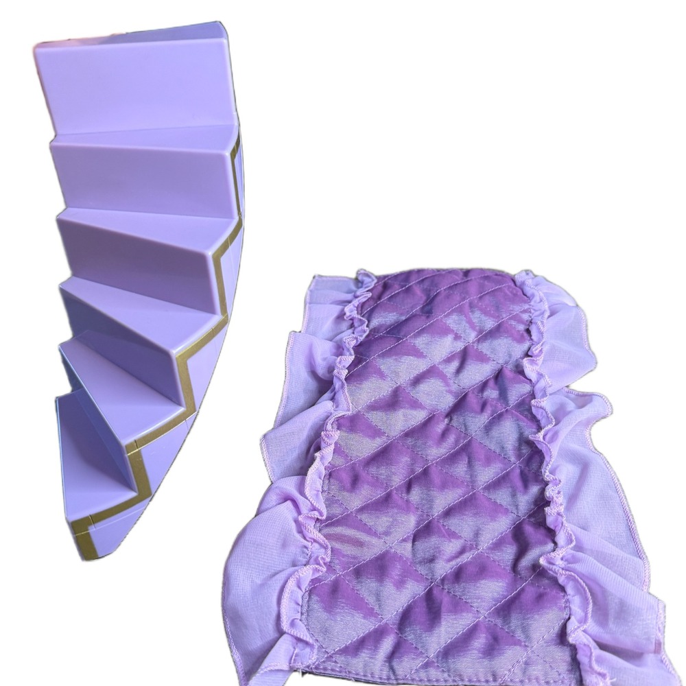 Purple Dollhouse Spiral Stairs Gold Trim and Lavender Quilted Ruffled Runner Set